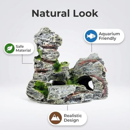 Resin Aquarium Stone Cave with Artificial Moss – Natural Rock Mountain Ornament for Fish Tank, Shrimp & Betta Hiding, Reptile Habitat Decoration, Small Landscape Terrain Accessory for Aquatic Decor（B）