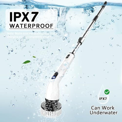 Electric Spin Scrubber,8 Replaceable Brush Heads for Home | IPX7 waterproof power scrubber with LCD display, multi heads, extendable handle, 90min runtime for bathroom kitchen glass car - color: Grey White