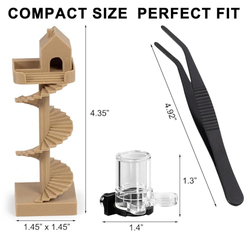 3Pcs Jumping Spider Enclosure Accessories Mini Spider House with Spiral Stair Feeding Dish Water Dispenser and Feeding Tongs Jumping Spider Hide Decor for Spider Enclosure Terrarium Habitat Kit