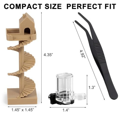 3Pcs Jumping Spider Enclosure Accessories Mini Spider House with Spiral Stair Feeding Dish Water Dispenser and Feeding Tongs Jumping Spider Hide Decor for Spider Enclosure Terrarium Habitat Kit