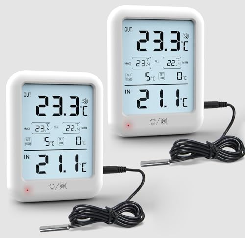 2Packs Digital Freezer Thermometer Fridge Temperature with Alarm, Backlight, Magnet, Power On/Off, Max/Min Temperature for Home, Restaurants, RV, External Sensor, AAA Battery (2)