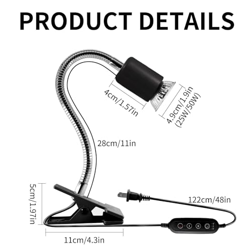 Reptile Heat Lamp,UVA UVB Reptile Light with 360°Rotatable Hose and Timed with 2 Bulbs(25W,50W),Basking Calcium Light Heat Lamp Bulbs for Turtle,Bearded Dragon,Lizard,Snake Tank(Black) - color: Black