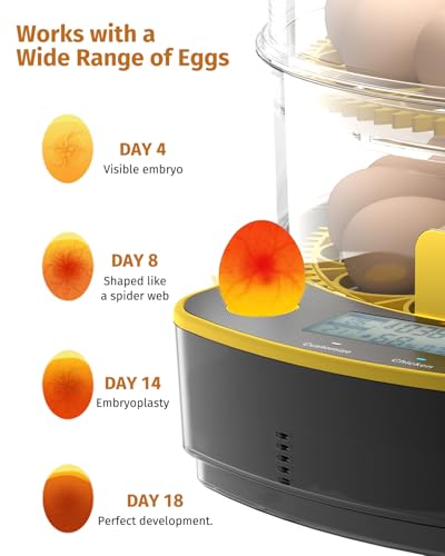 JUJOJB 48 Egg Incubator for Hatching Eggs, Double-Layer Auto Turner & Temp | Temperature control, humidity, auto turner, candler. Fits 48 chicken, duck, quail, turkey, pheasant, guinea, parrot eggs. - color: Yellow