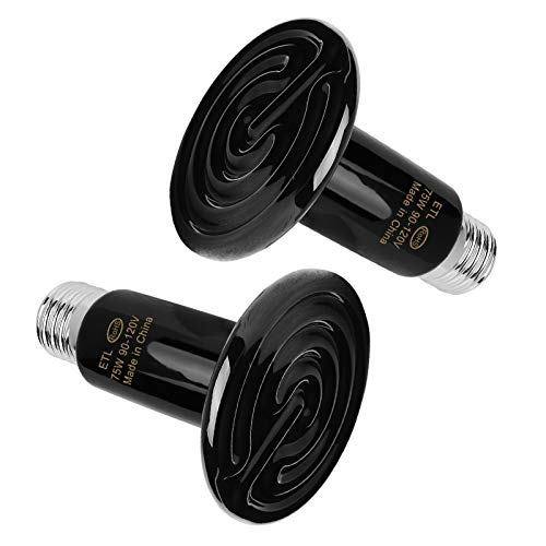 75W Ceramic Reptiles Heater, No Light Infrared Emitter, 2 Pack | Heat Lamp Bulbs, for Bearded Dragons, Lizards, Turtles, Snakes, Amphibians & Chickens, ETL Certified