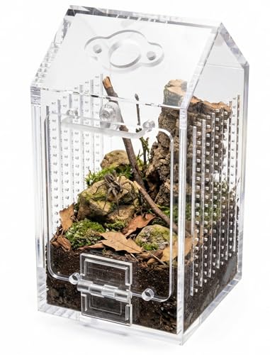 NiHome Clear Acrylic Jumping Spider Enclosure, Magnetic Tarantula Terrarium | Acrylic Praying Mantis Enclosure, Magnetic Opening Door & Feeding Port, Escape-Proof Reptile Habitat, 1.5mm Ventilation Holes