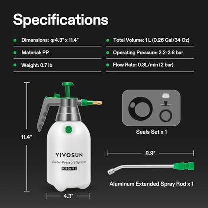 VIVOSUN 1L Pump Sprayer, 34oz Water Spray Bottle with Safety Valve | Handheld Garden Sprayer, Adjustable Nozzle, Extended Spray Rod & Additional Seals, Ideal for Watering, Fertilizing, Cleaning - size: 34 ounce