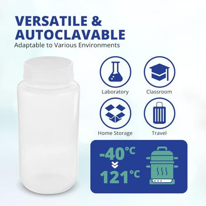 United Scientific™ Polypropylene Sample Bottles with Lids, 500ml, 144-Pack | 16 oz Bottles with Lids, BPA-Free, RoHS Compliant, Leakproof Seal Ring, -40°C to 121°C Range, Wide Mouth Reagent Bottle - size: 16 oz (Pack of 144)