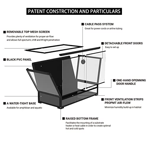 REPTI ZOO Collapsible 60 Gallon 36" Wide Reptile Tank, Tempered Glass Large Reptile Terrarium 36"x18"x24", Black PVC Back, Front & Top Ventilation & Anti Escape Lid, Easy Folding - size: 36"W X 18"D X 24"H (60 Gallon)