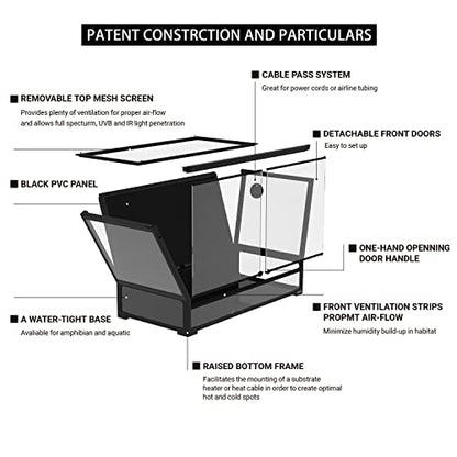 REPTI ZOO Collapsible 60 Gallon 36" Wide Reptile Tank, Tempered Glass Large Reptile Terrarium 36"x18"x24", Black PVC Back, Front & Top Ventilation & Anti Escape Lid, Easy Folding - size: 36"W X 18"D X 24"H (60 Gallon)