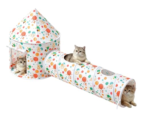 2-in-1 Cat Play Set, Pop-Up Cat Tunnel Rest Hut with Plush Ball Toys | Collapsible Cat Toys Combo with Tent & Ball for Indoor Tunnel, Hiding & Lounging，Suitable forca, dogs, rabbits. Perfect toy. - color: White