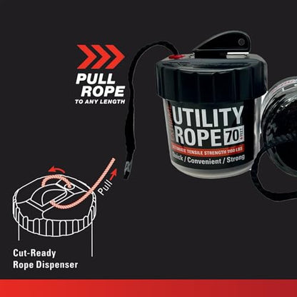 Rapid Rope Canister, 70ft Black Tactical Paracord, 1100lb Test, USA Made | Heavy Duty Poly Rope Test Cord, Non-Tangle Dispenser Included, For Hiking, Camping, Survival, Utility, Stocking Stuffer, Gift - size: 70ft, style: Black