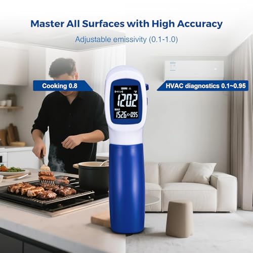 Ring Laser DS20:1 Infrared Thermometer Temperature Gun with Meat,Thermal Gun with Adjustable Emissivity&High/Low Alarm,±1% Accuracy,-58~1832℉ IR Temp Gun with Reverse Display for Food HVAC - color: Blue
