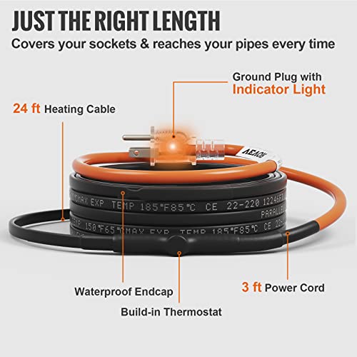 VEVOR Self-Regulating Pipe Heating Cable, 24-feet 5W/ft Heat Tape for Pipes Freeze Protection, Protects PVC Hose, Metal and Plastic Pipe from Freezing, 120V - size: 24 Feet