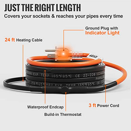 VEVOR Self-Regulating Pipe Heating Cable, 24-feet 5W/ft Heat Tape for Pipes Freeze Protection, Protects PVC Hose, Metal and Plastic Pipe from Freezing, 120V - size: 24 Feet