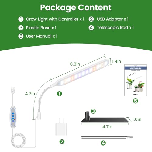 Small Grow Lights for Indoor Plants with Base, Full Spectrum | 52 Red/Blue/White LEDs, Gooseneck, 6.5-26in Height, Timer & Dimming, with Base or Stake, for Small Plants, White, 1 Pack - size: 1 Pack