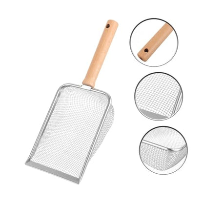 Wood Handle Stainless Steel Reptile Litter Scoop Sifting Shovel with 2x2mm Mesh Screen for Terrarium Cleaning Indoor Pet Waste Removal Tool