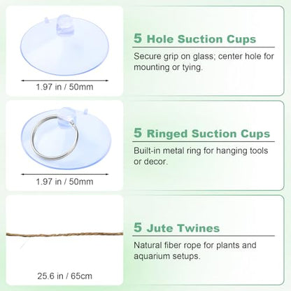10pcs Reptile Hammock Suction Cups – 5 with Hooks, 5 with Rings, and 5 Hemp Ropes – Strong Hold for Terrarium Hanging Setup