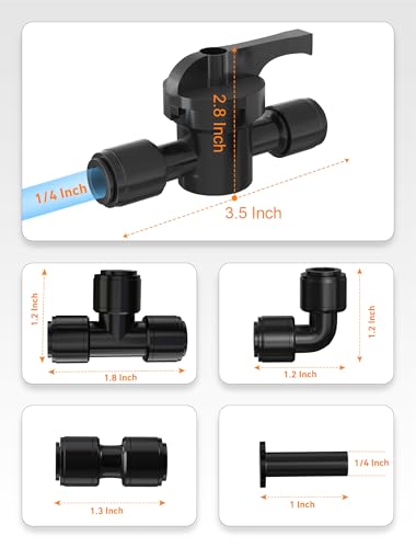 EVOULTES 45 Pcs 1/4" Drip Irrigation Quick Connect Kit, Leak Free Tubing Fittings, Easy Install Durable Connectors for 1/4 Inch Drip System (10 Tee, 10 Elbow, 10 Coupling, 10 Cap, 5 Valve) - size: 45PCS 1/4" Connector Fittings Kit