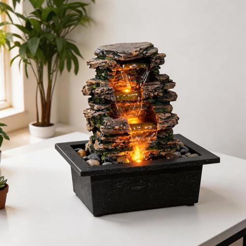 MAOCHI Tabletop Water Fountain, Home Décor Soothing Sound Machine with Automatic Pump, Deep Basin and Natural River Rocks. Indoor Zen Relaxation for Office, Living Room, or Bedroom Décor. - color: 3-bowl River Rocks