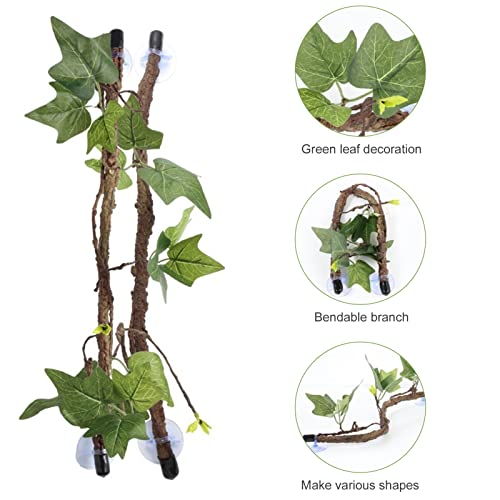 Plplaaoo 2PCS Reptile Corner Branch with Suction Cups – Flexible Imitation Bendable Jungle Climbing Vine Terrarium Plant Decoration for Bearded Dragon, Gecko, Snake & Spider Habitat Tank Accessories