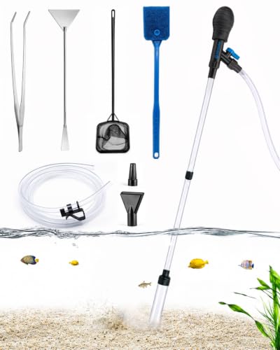 Aquarium Gravel Cleaner Kit | 80GPH Fish Tank Water Changer Tool with 6Ft Water Hose Skimmer Net Sponge Brush Sand Shovel and Tweezer for 3~8Gal Tank