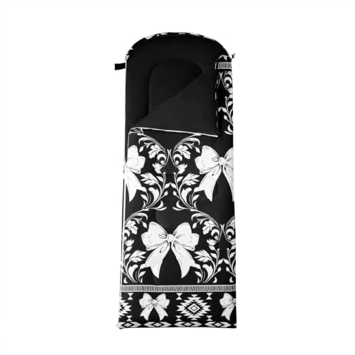 Erosebridal Longhorn Cow Skull Gothic Witchy Damask Sleeping Bag for Kids Camping Blanket for Hiking Travel Hunting Sleep Bag - color: Black and White Aesthetic Bow