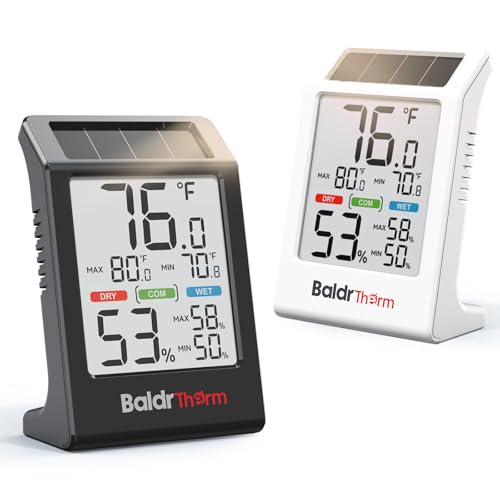 BALDR Room Thermometer Hygrometer 2026 Upgraded, Solar Powered Indoor Temperature and Humidity Monitor with Battery Backup, Improved LCD Display, Max/Min Records, Comfort Indicator, Black and White