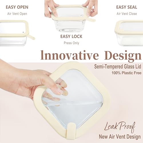 Glass Food Storage Containers with Glass Lids, Microwave Safe Food Container Set, Aitight Meal Prep Container Set, BPA Free, 2 extra Colanders, LeakProof, 2 Pack of 60oz - color: Ivory White- 2RT