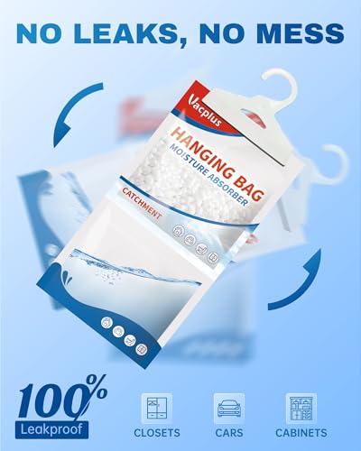 Vacplus Moisture Absorber, 20Pack Hanging, Strong Absorption, Unscented | Closet, Enclosed Spaces, Bathroom, Odor Eliminator, Dehumidifier Bags, 9.8 OZ - size: 20 pack