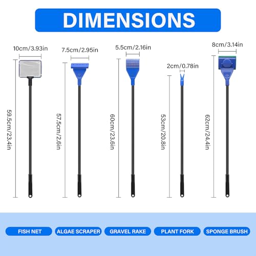 5 in 1 Fish Tank Cleaner Kit Aquarium Cleaning Tools with 19 Inch Anti-Slip Handle Fish Tank Cleaner with Algae Scraper and Fish Net - size: Length 19inch
