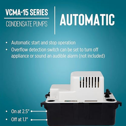 Little Giant VCMA-15ULS 115 Volt, 65 GPH, 1/50 HP Automatic Condensate Removal Pump for HVAC/Refrigeration Systems/Dehumidifiers with Overflow Detection Switch and 6-Foot Cord, White/Black, 554405 - style: Includes Overflow Detection Switch