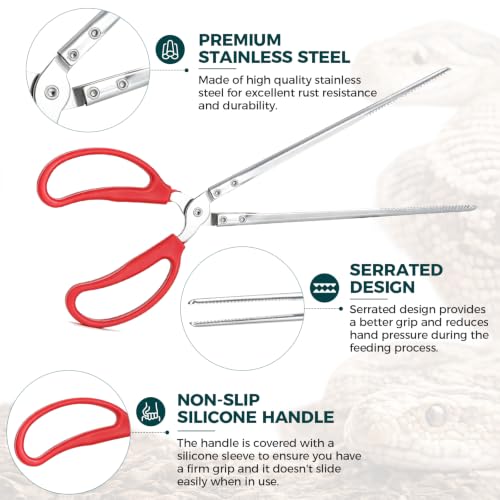 Snake Feeding Tongs, 15-Inch Stainless Steel Reptile Feeding Tongs with Serrated Tips | 15-Inch Reach, Secure Grip, One-Hand Control, Stainless Steel, For Reptiles