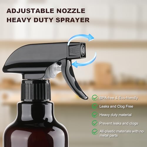 12oz/350ml Plastic Spray Bottles 1 Pack, Adjustable Mist/Stream | Refillable heavy duty spray containers for plants, cooking, hair care and household cleaning - color: 16.9oz-Brown