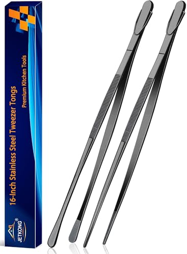 JETKONG 2 Pcs 16-Inch Heavy Duty Plating Tongs, Extra-Long Kitchen Fine Tongs Large Stainless Steel Cooking Forceps (Black) - color: Black, size: 16+16 Inch