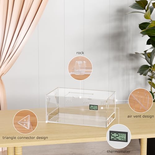 Acrylic Tarantula Enclosure, Reptile Terrarium Breeding Tank w/Temperature Hygrometer,Habitat Reptiles Feeding Box Isopod Terrarium Cage for Insect Lizard Home Office (Reptile-Tank-L(Tray)) - size: Reptile-Tank-L(Tray)