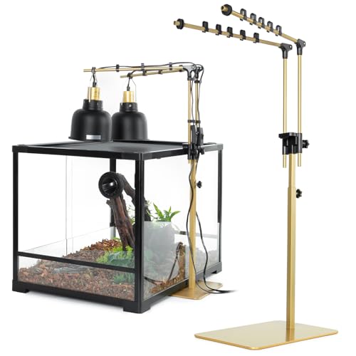 Metal Dual Reptile Lamp Stand, 17.8"-36.2" Adjustable Tall Heat Lamp Stand, Retractable Reptile Light Stand, Aquarium Terrarium Light Holder for Bearded Dragon Turtles Snake Chicks-Glod