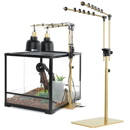 Metal Dual Reptile Lamp Stand, 17.8"-36.2" Adjustable Tall Heat Lamp Stand, Retractable Reptile Light Stand, Aquarium Terrarium Light Holder for Bearded Dragon Turtles Snake Chicks-Glod
