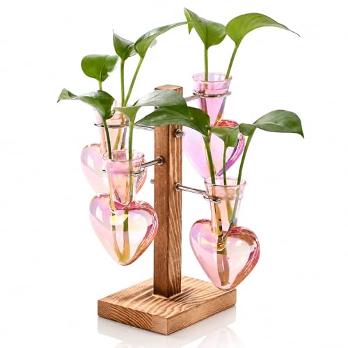 Plant Terrarium Propagation Stations: Pink Vase with Wooden Stand | 4 Irised Crystal Glass, Heart Shaped, Home Table Decor, Birthday Gifts for Plant Lovers Women Mom Wife - color: Pink