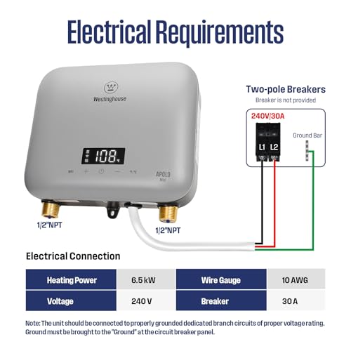 Westinghouse 6.5kW Tankless Water Heater Electric, 240V, Smart WiFi Control | Under Sink Water Heater Electric, Instant Hot Water Heater, Apolo Mini, Low Watt, Compatible with Kitchen, Sink, Gray - color: Gray 6.5