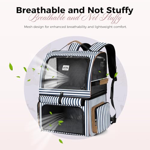 Double Cat Backpack Carrier for 2 Cats, Double-Compartment Pet Carrier Backpack for 2 Small Cat or One Medium Cat, Cats Carrier Backpack Dog Carrier Backpack Fits Up to 24 Lbs,Blue Striped - color: Striped