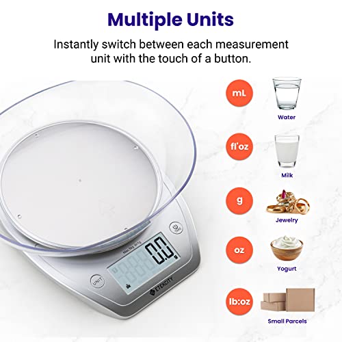 Etekcity 0.1g Food Kitchen Scale, Bowl, Digital Grams and Ounces for Weight Loss, Dieting, Baking, Cooking, and Meal Prep, 11lb/5kg, Stainless Steel Silver | 11lb/5kg capacity with tare, removable bowl, ideal for baking, coffee, meal prep and portion cont