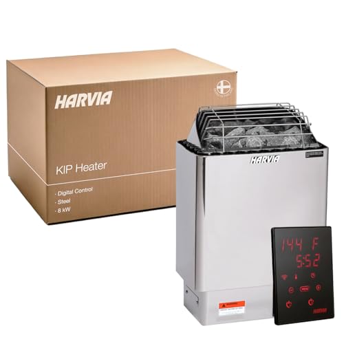 Harvia KIP Sauna Heater, Wall Mounted Electric Sauna Stove, Stainless Steel 220v Heater with Sauna Stones Included, Large Stone Cavity for Maximum Heat Release (8kW - Digital Controls) - style: 8kW - Xenio Digital Controller