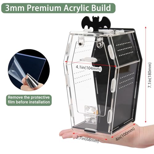 Acrylic Spider Enclosure Coffin House with Magnetic Lock | Coffin-Shaped House, Magnetic Lock & Feeding Port, No Tools Assembly, Jumping Spider Habitat, Easy Clean - color: Black