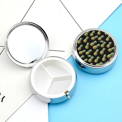 Small Travel Pill Box, Upside Down Pineapple Tropical Fruits Round Metal Organizer, 3-Compartment Case for Fish Oil, Pocket Purse Dispenser for Vacation - color: Style (620)