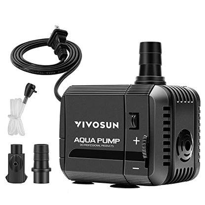 VIVOSUN 210GPH Submersible Fountain Water Pump for Pond, Aquarium, Statuary | 800L/H, 8W, Ultra Quiet Water Pump with 3.3ft High Lift and 5ft Power Cord, 2 Nozzles for Fish Tank, Hydroponics, Black - size: 5"×3"-210