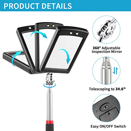 3 Pack Telescoping Inspection Mirrors LED Light & Magnet Flashlight Pickup Tool Set, Large 3.75" Round, 3.3" Square Mirror, for Inspection Viewing, Mechanic Checking, Observation - style: Inspection Mirrors & Magnet Flashlight
