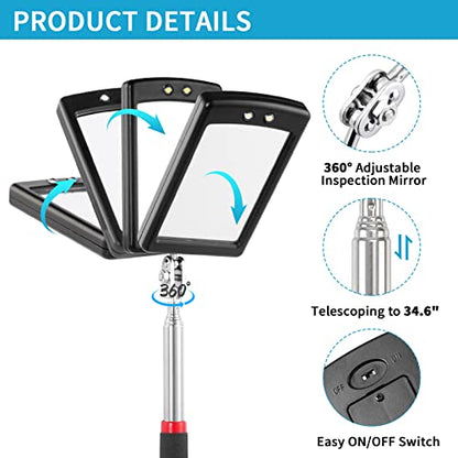 3 Pack Telescoping Inspection Mirrors LED Light & Magnet Flashlight Pickup Tool Set, Large 3.75" Round, 3.3" Square Mirror, for Inspection Viewing, Mechanic Checking, Observation - style: Inspection Mirrors & Magnet Flashlight