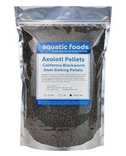 Axolotl Blackworm Pellets. 3mm-1/8 Sinking California Blackworm Medium Pellets for Medium/Large Axolotl, Shrimp, Salamanders, Frogs, Snails, Newts…2 & 1/2-lbs Pouch Bag