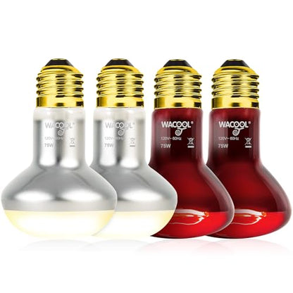 WACOOL 4Pack Reptile Heat Lamp Day & Night Kit 75W, Nature Simulated Basking Daylight & Nightlight UVA Heat Lamp Bulbs for Reptiles & Amphibians - style: 75W-4 PACK
