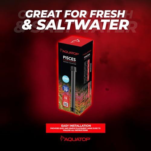 Aquatop 25W Pisces Nano Heater – Fully Submersible for Nano Fish Tanks Up to 8 Gal – Preset 78°F – Heat-Resistant Water Heater for Small Aquariums - size: 25W